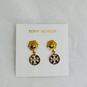 Tory Burch Yellow Gold Logo Hexagonal Drop Earrings. New!